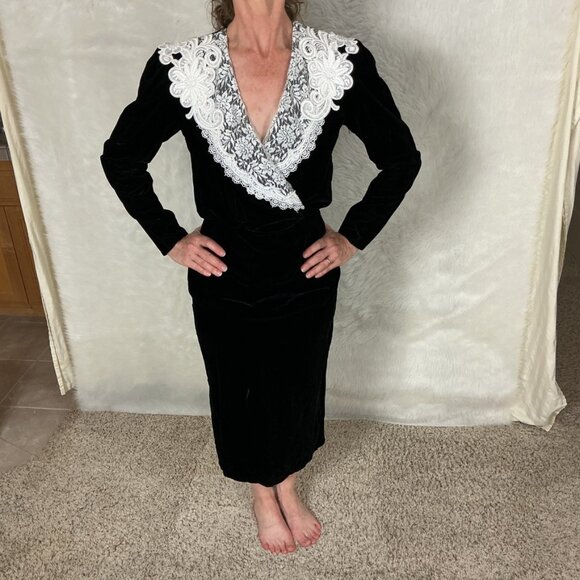 Vintage 80s 90s Black Velvet Lace Collar Back Bow Long Sleeve Midi Dress S - Picture 1 of 8